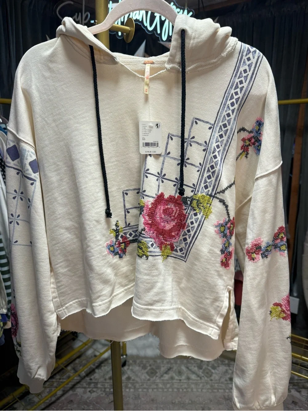 Free People Sweet Treat Embroidered Pullover Hoodie Sweatshirt in Ivory Combo